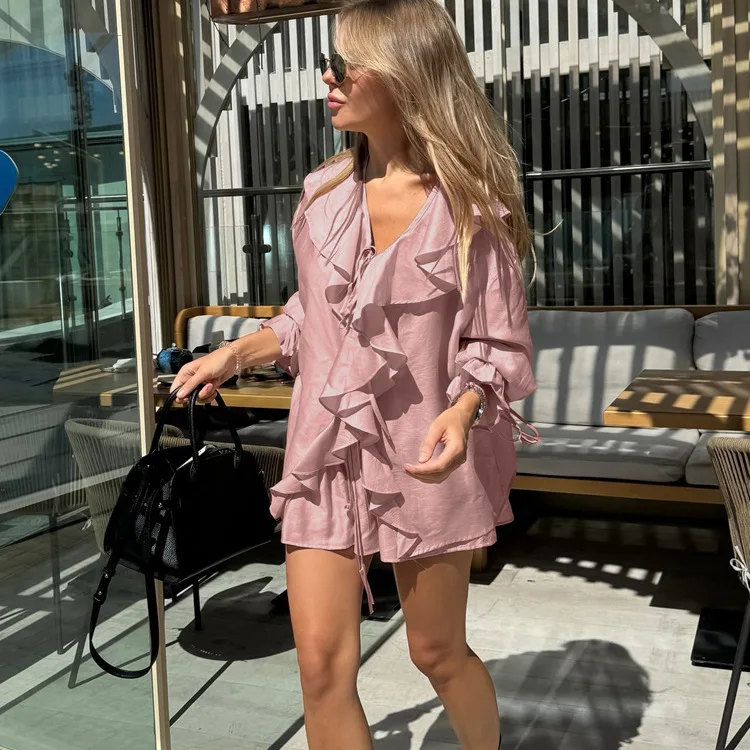 

Ruffles Fashion Two Piece Set For Women Summer Elegant High Waisted Loose Long Sleeve Shirts Short Set Suit Streetwear 2025