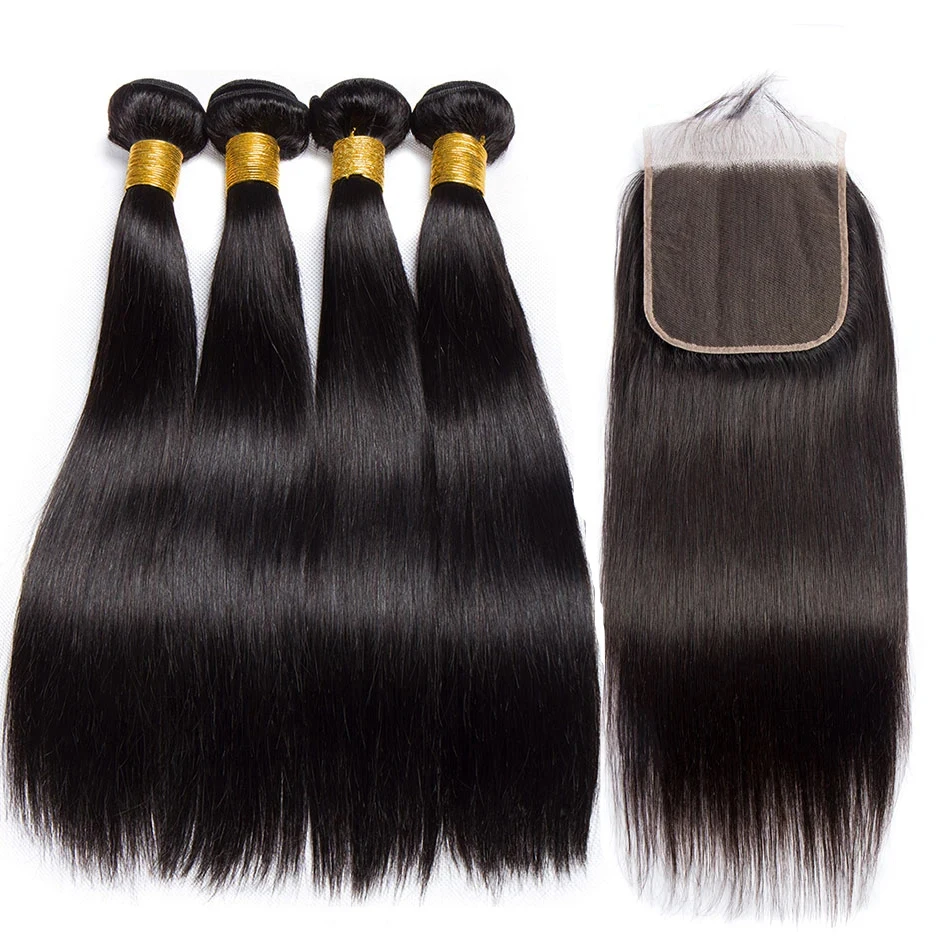 Bone Straight Human Hair Bundles With 13x4 Frontal Brazilian Weave 3 Bundles With Clossure 4X4 Tissage Bresiliens Avec Closure