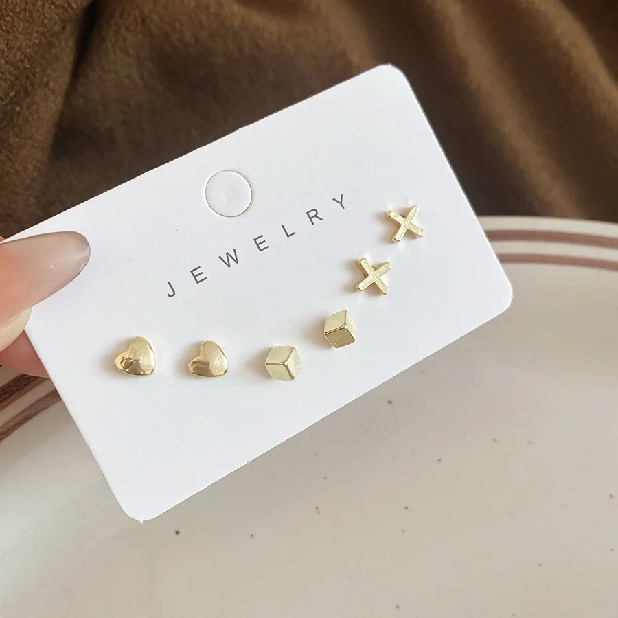 

6 Pcs Smooth Square Cube Heart X Shaped Earrings Gold Plated Mini Metal Stud Earrings Female Various Wearing Ear Jewelry