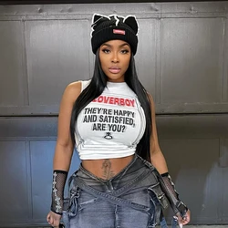 BUILDINGB Letter Print White T-Shirts Women Hipster O Neck Sleeveless Slim Crop Tops 2024 Summer Graphic Tees Hip Hop Streetwear