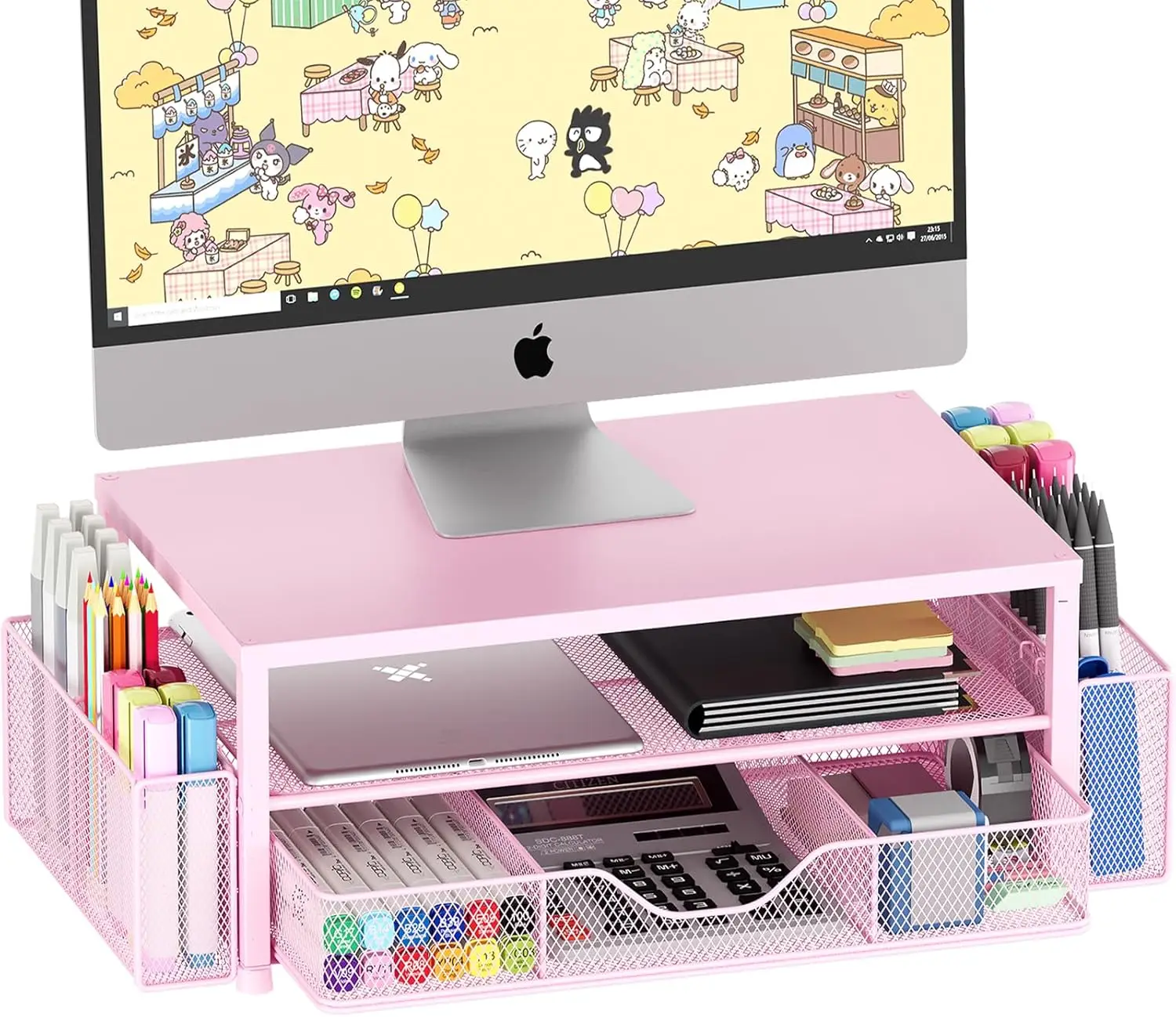

Desk Organizers and Accessories, 2-Tier Computer Monitor Stand Riser with Drawer and 2 Pen Holders, Laptop Stand, Office Desk