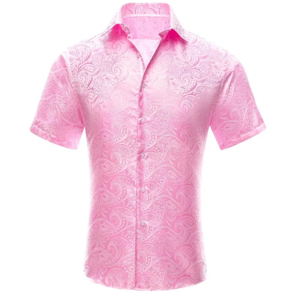 

Hi-Tie Short Sleeves Mens Shirts Pink Jacquard Silk Paisley Spring Summer Hawaiian Shirt Male Wedding Business High Quality Gift