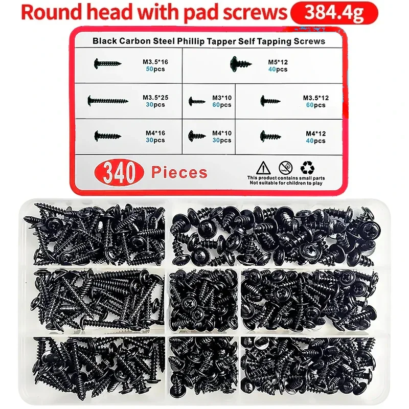 

340pcs/Box M3 M3.5 M4 M5 black Flat Head Cross Carbon Steel Self-Tapping Screw