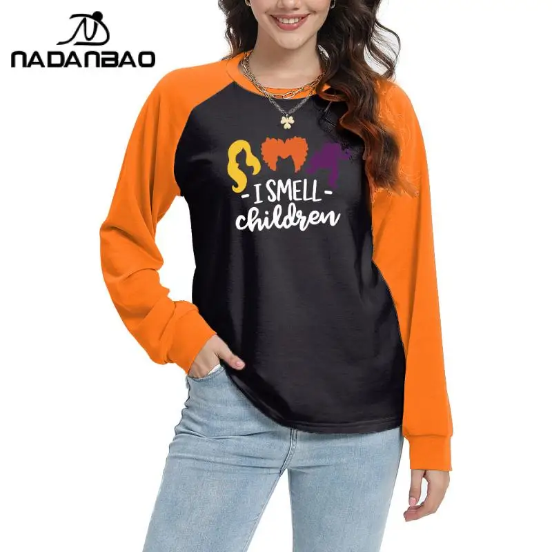 Nadanbao Women's Sweatshirt Skull Halloween Digital Printing Long Sleeve T-Shirt Fashion Women's Clothing Orange Design Top