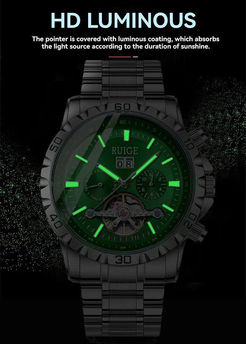RUIGE Modische Trend-Herrenuhr mit Drei-Zifferblatt-Sechs-Zeiger-Edelstahlarmband, Automatische Mechanische Uhr – Detail 6
