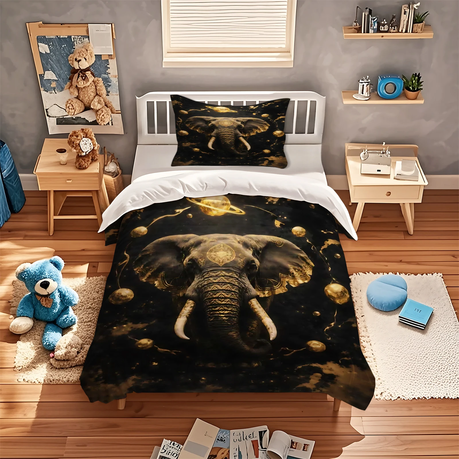 Golden Elephant Duvet Cover Set Black Galaxy Space Elephant Bedding Set Bohemian Mandala Polyester Quilt Cover with Pillowcases