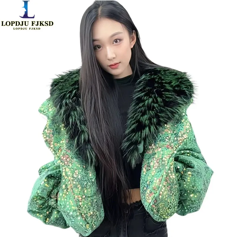 

Faux Fur Coat for Women,Sequins Jacket,Faux Fox Fur Collar Outwear,Luxury,Autumn and Winter,2025