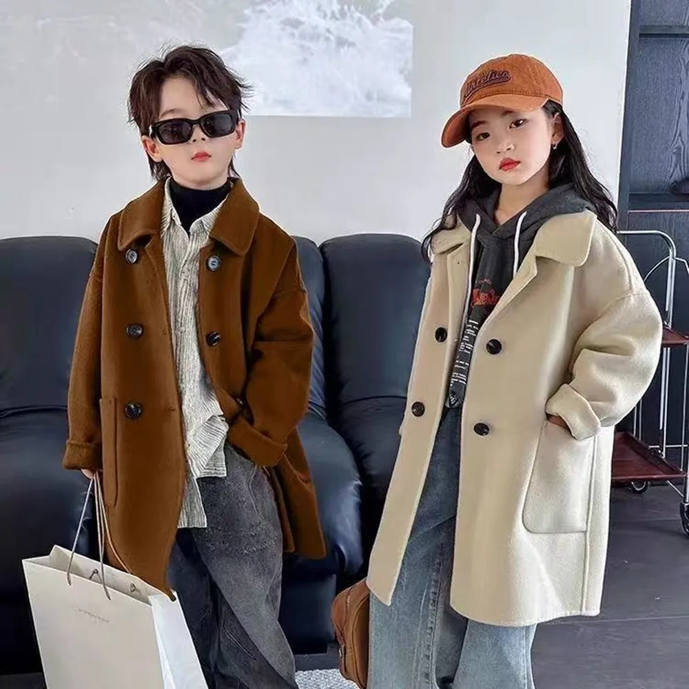

Children's Double-sided Woolen Coat Autumn and Winter 2025 New Boys and Girls Long Style Double Breasted Overcoat 110-160CM