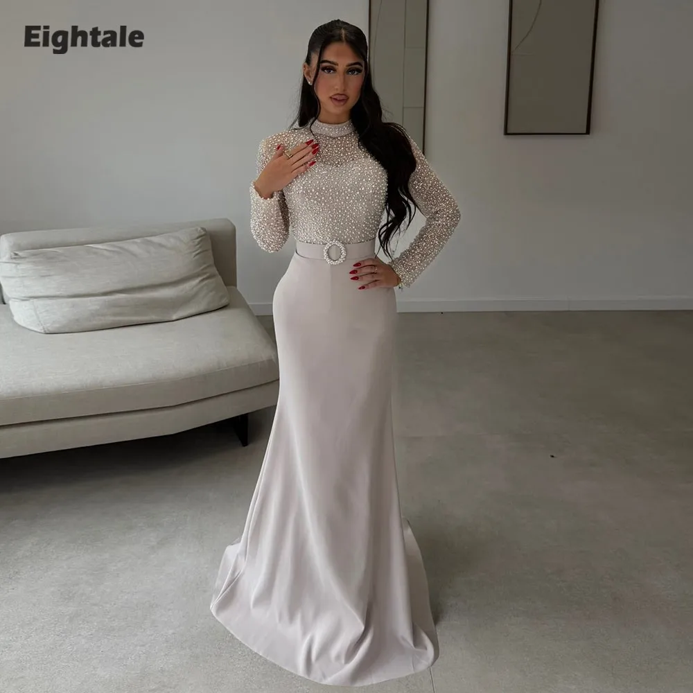 

Eightale Arabic Evening Dress Prom Gown Customized High Neck Pearls Long Sleeves Wedding Party Dress Mermaid Robes De Soirée