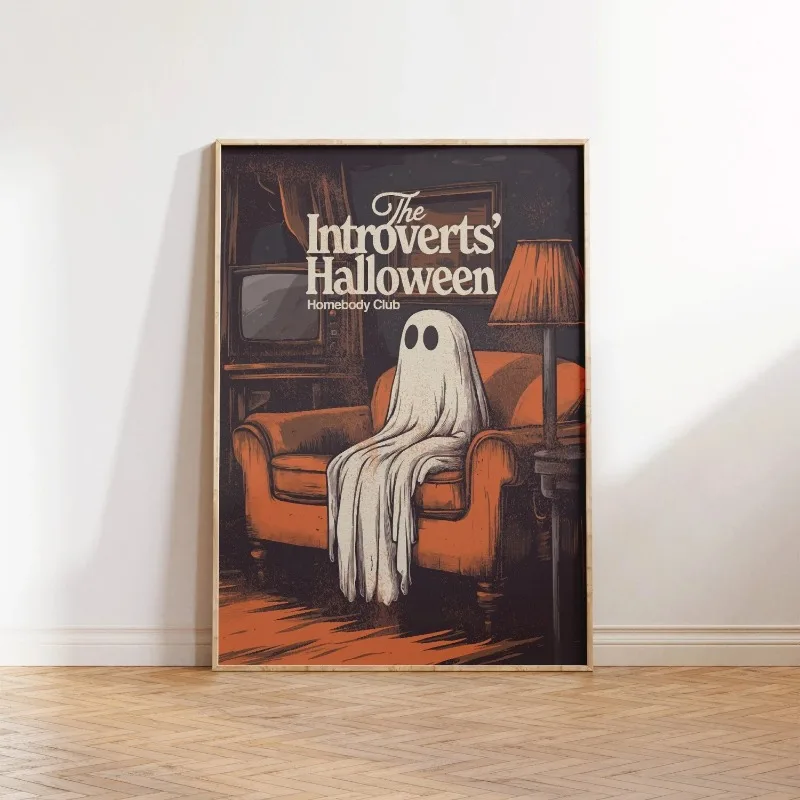 Retro Introverts Halloween Ghost Wall Art Print Funny Homebody Ghost on Sofa Vintage Poster Fall Season Decor Unframed Canvas