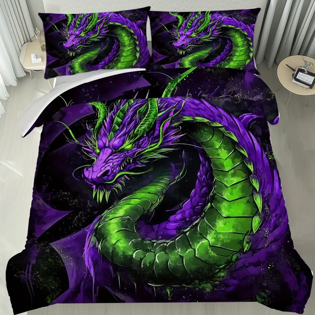 3pcs Mystical Dragon Duvet Cover Set, 1 Quilt Cover + 2 Pillowcases, Featuring a Majestic Purple and Green Dragon, Soft