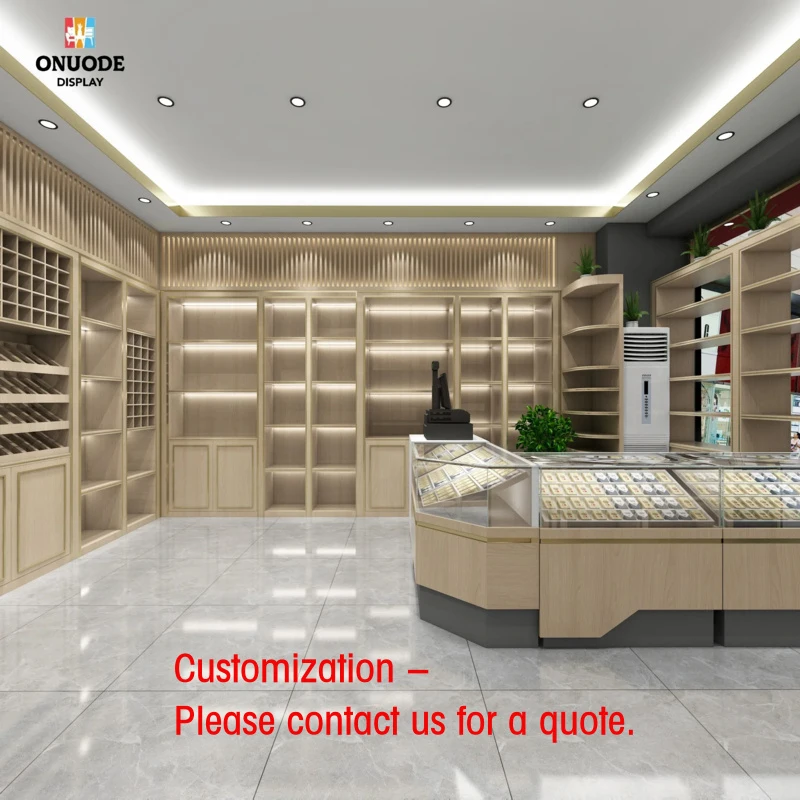custom.High-End Stainless Steel Glass and Wood Design Display with LED Lighting Stores