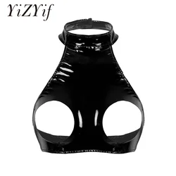 YiZYiF Women WetLook Shiny Crop Top Sexy Pvc Bra Faux Leather Open Bust Bra Vest Club Party Neck Backless Sexy Tank Top lingerie