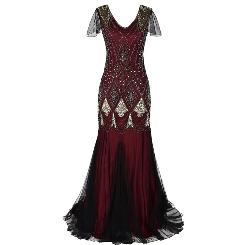 Women Vestidos 1920s Great Gatsby Dress Long Vintage Short Sleeve Maxi Party Costume For Prom Cocktail Mother Of Bride Dresses