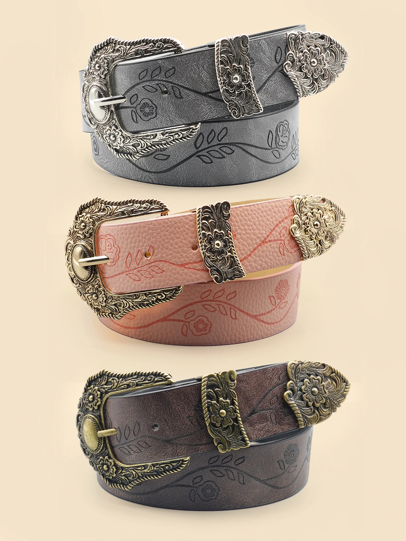 Western Style Printed Solid Color Pu Belt Buckle, Retro Casual Women\'s Belt, Classic Jeans Decorative Belt