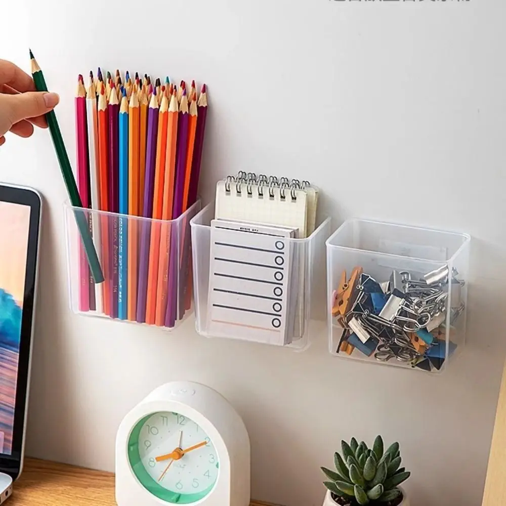 Transparent Wall Mount Pen Pencil Holder Multifunction Pen Stand Pencil Storage Box Large Capacity Self-adhesive