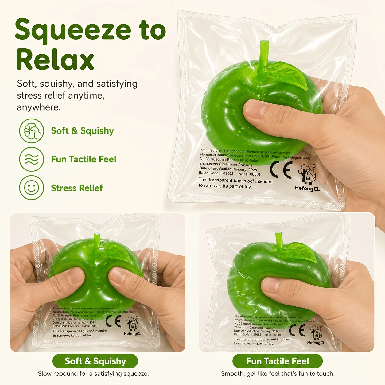 1 unidad de juguete de simulación de manzana verde, bola de presión súper suave con textura de gelatina. Adecuado para premios en el aula y regalos para fiestas, Acción de Gracias, Navidad, Día del Padre y otros regalos festivos.