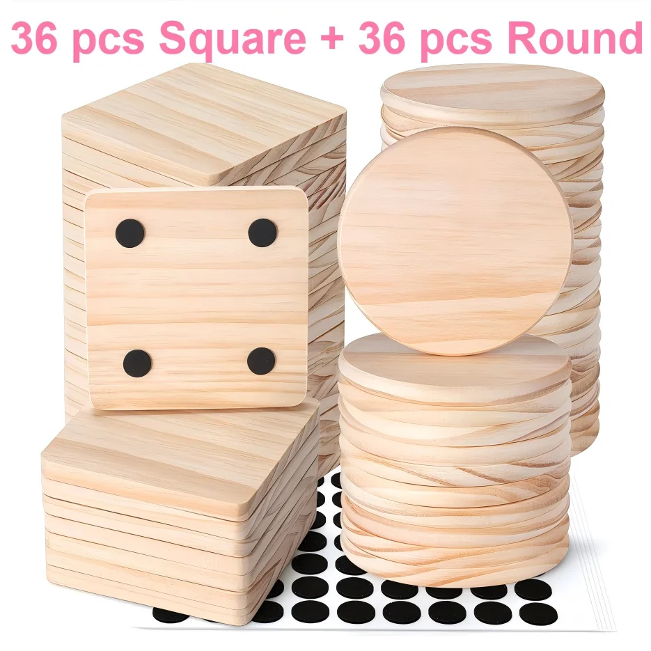 72-teiliges Untersetzer-Set aus Naturkiefernholz, 36 runde + 36 quadratische 10cm Untersetzer, unbehandelt mit rutschfesten Pads für DIY-Bastelarbeiten