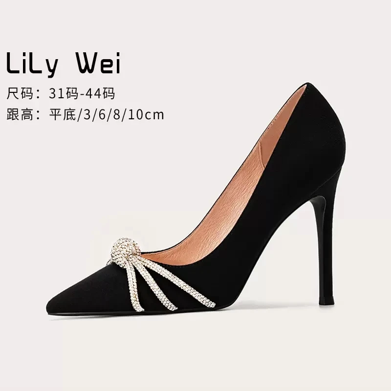 Spring and summer pointed fleece rhinestone professional single shoes thin high heels party dress large small women's shoes