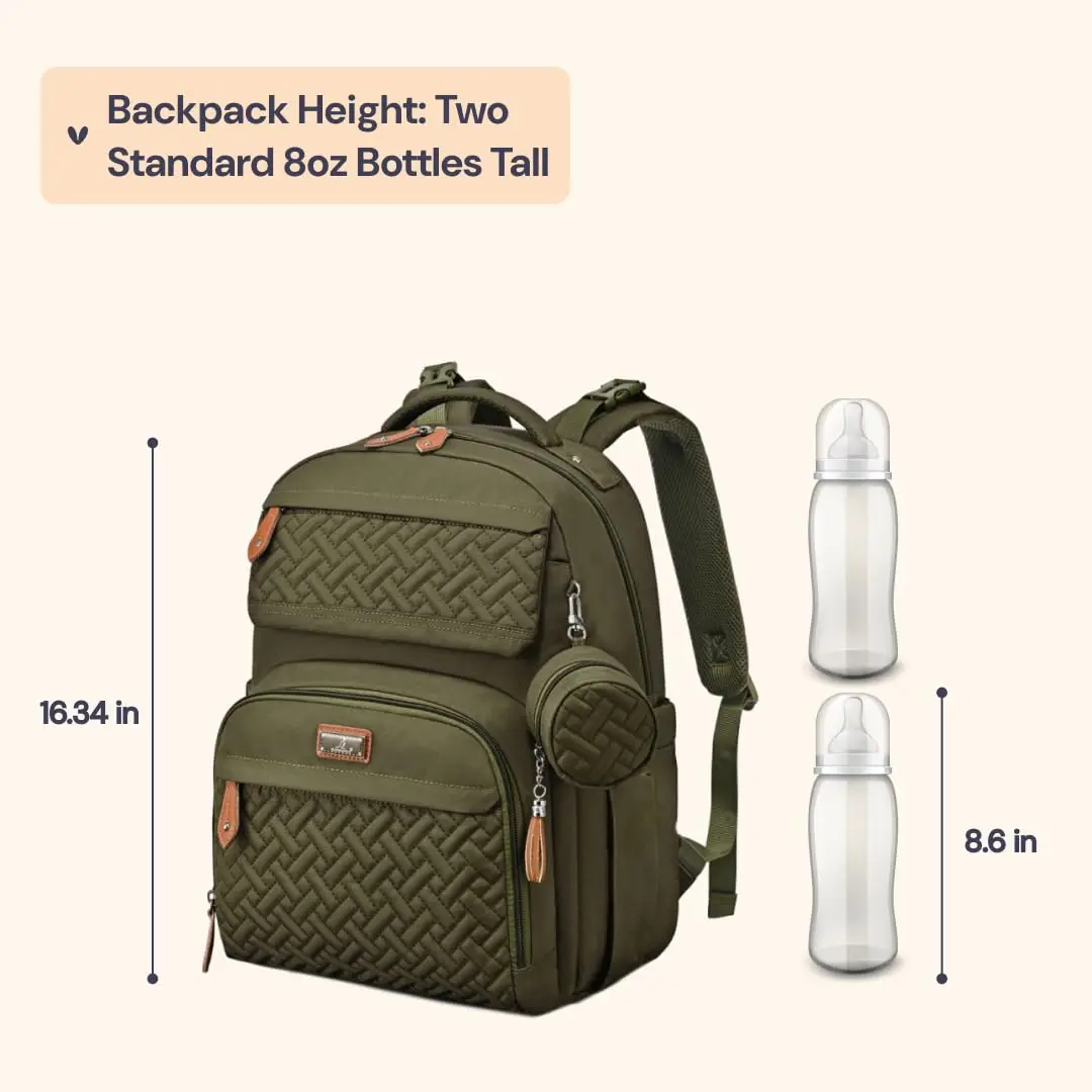 Grand sac à dos imperméable pour couches avec matelas à langer, clips pour poussette et sangle à bagages - Vert armée