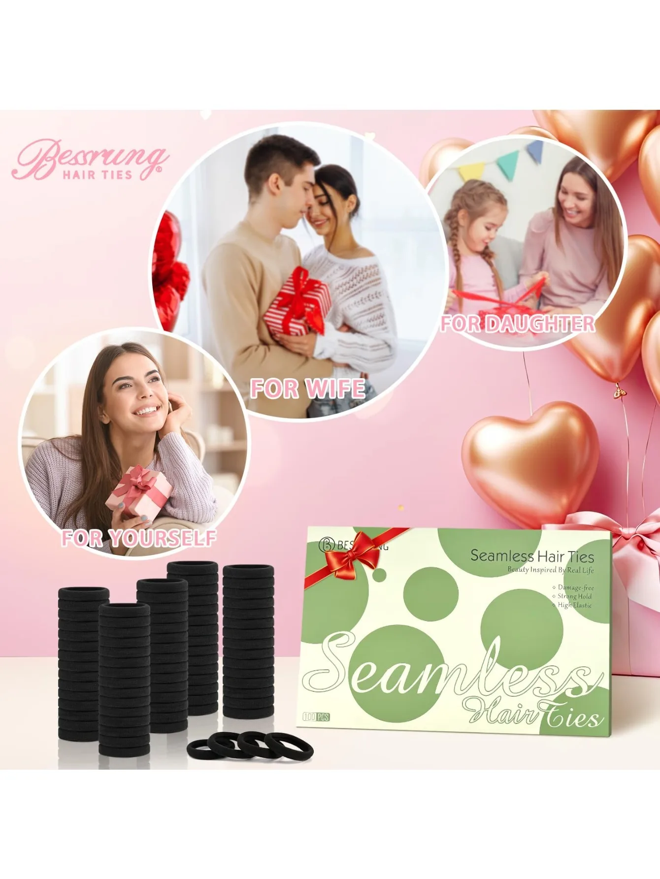 

100 Pcs Black Hair Ties,1.58 Inch Seamless & Strong Hold, Stretches to 7.08 Inch, Durable & Gentle for All Hair Types, Bulk Pack