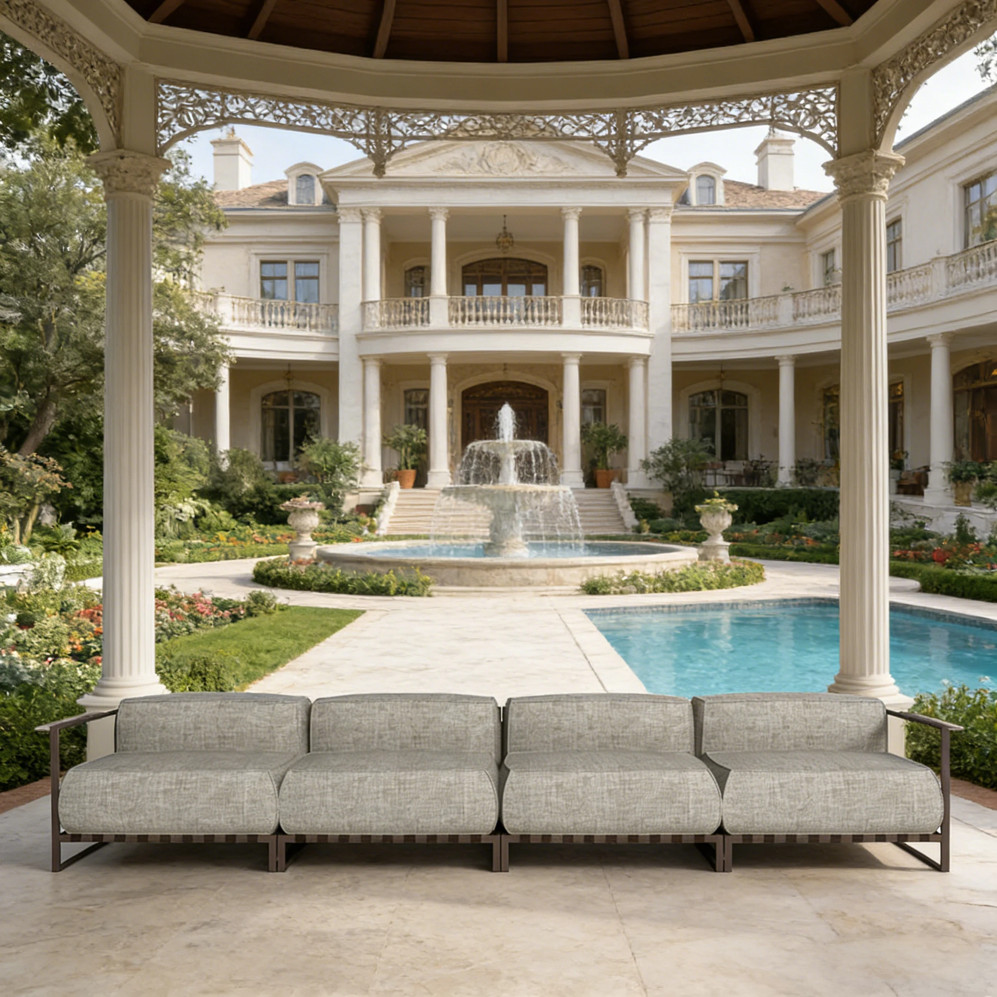 

Complete Garden Sofa Set Crafted with Aluminum Alloy Structure Teak Wood Details and High Performance Outdoor Fabric