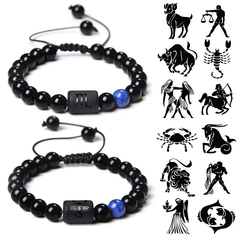 12 Sternbild Sternzeichen Armband schwarz Onyx Perlen Krebs Leo Onyx geflochtenes Armband für Frauen Männer Paare Schmuck Geschenk