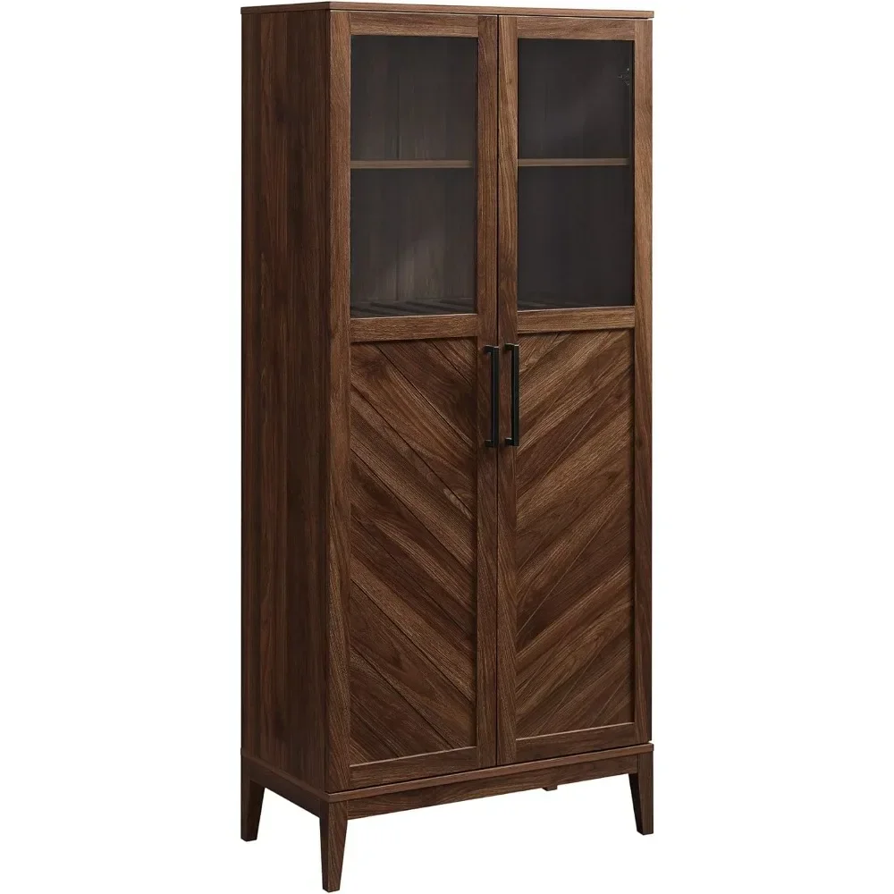 Emma Boho Chevron 2 Door Glass Window Hutch with Bottle Storage, 68 Inch, Dark Walnut