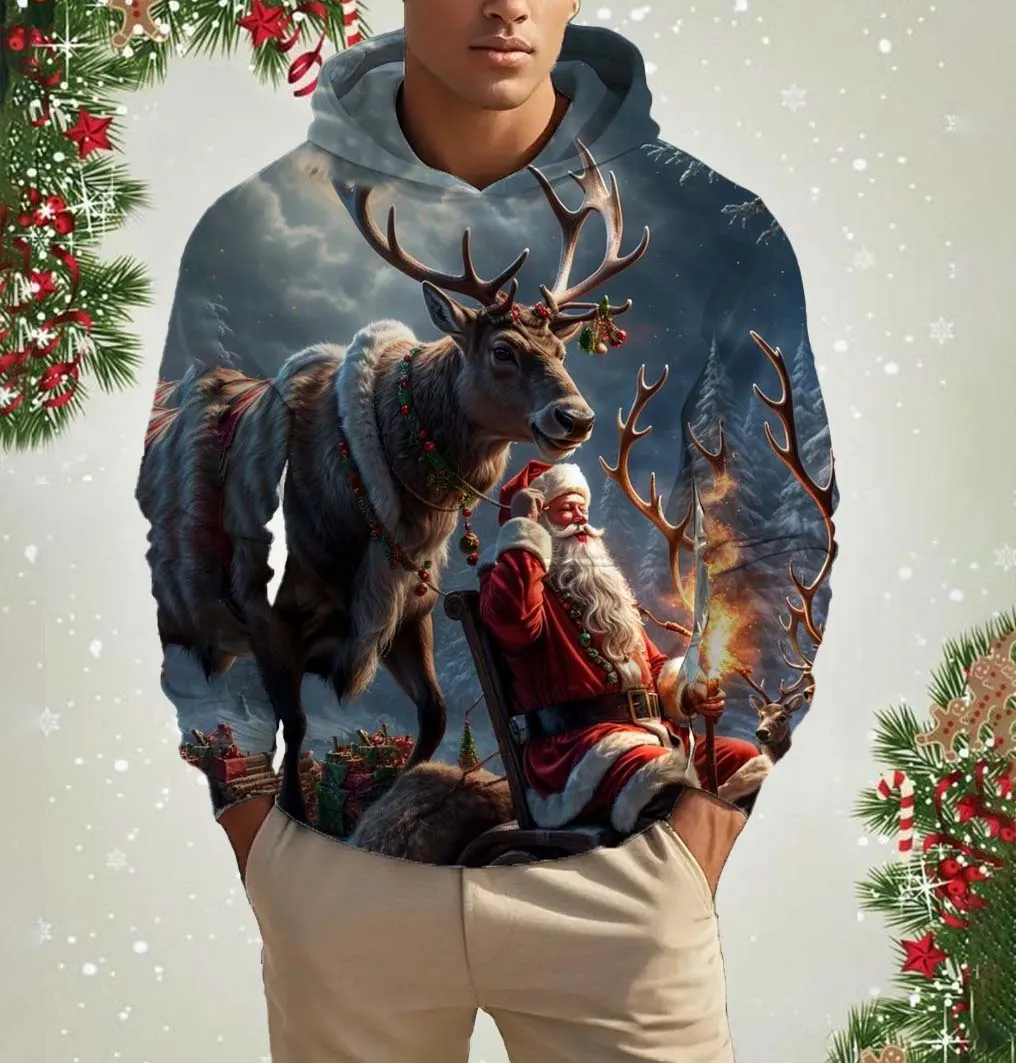 

New men's hoodie Merry Christmas casual long sleeve sweatshirt Holiday holiday clothing Fall fashion Fun Santa pattern