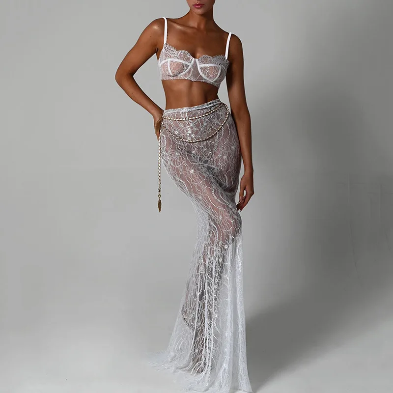 

Sexy Lace Two Piece Set 2024 Summer Fashion Camis Strap Bra See Through Mopping Fishtail Long Skirts Beach Vacation Party Outfit