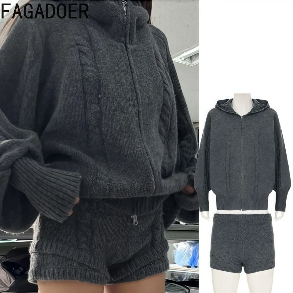 

FAGADOER Casual 2 Piece Sets Women Outfit Solid Color Long Sleeved Sweater Crop Top And Shorts Suits Female Streetwear Clothing