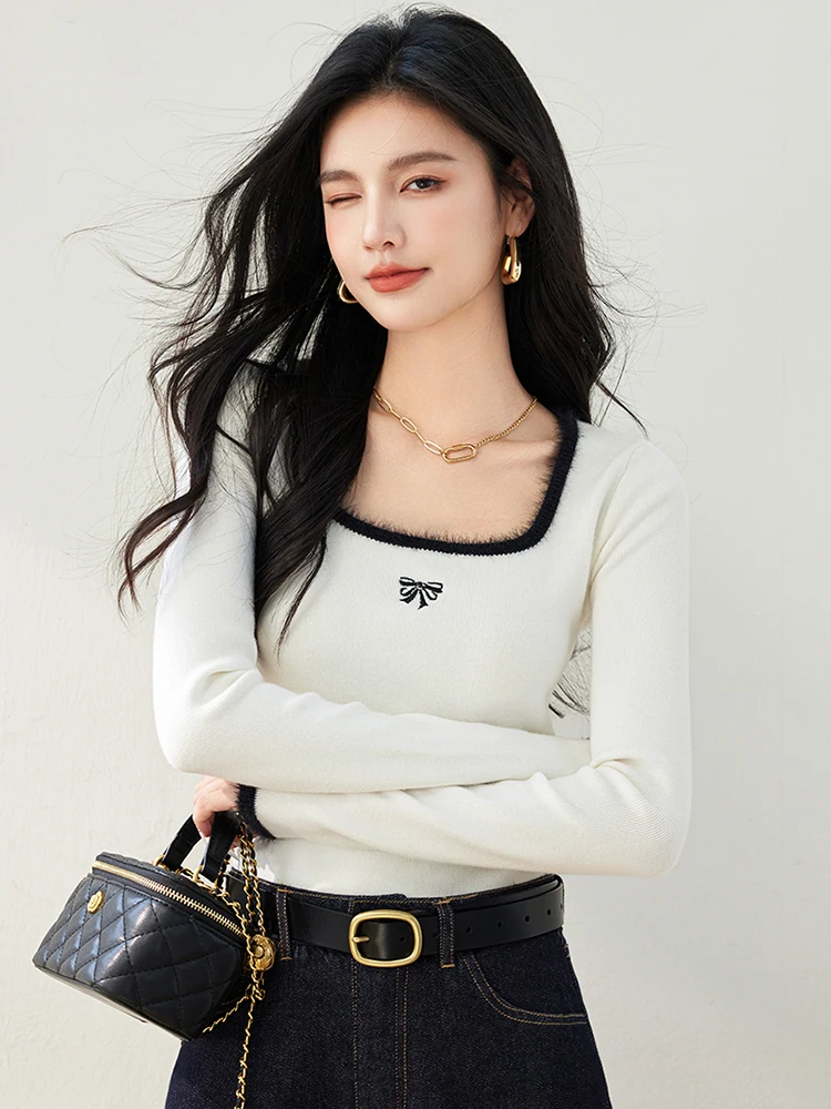 Autumn Winter Sweet Bow Sweater Women Square Neck Long Sleeve Knitted Pullover Gentle Style Slim Fit Tops