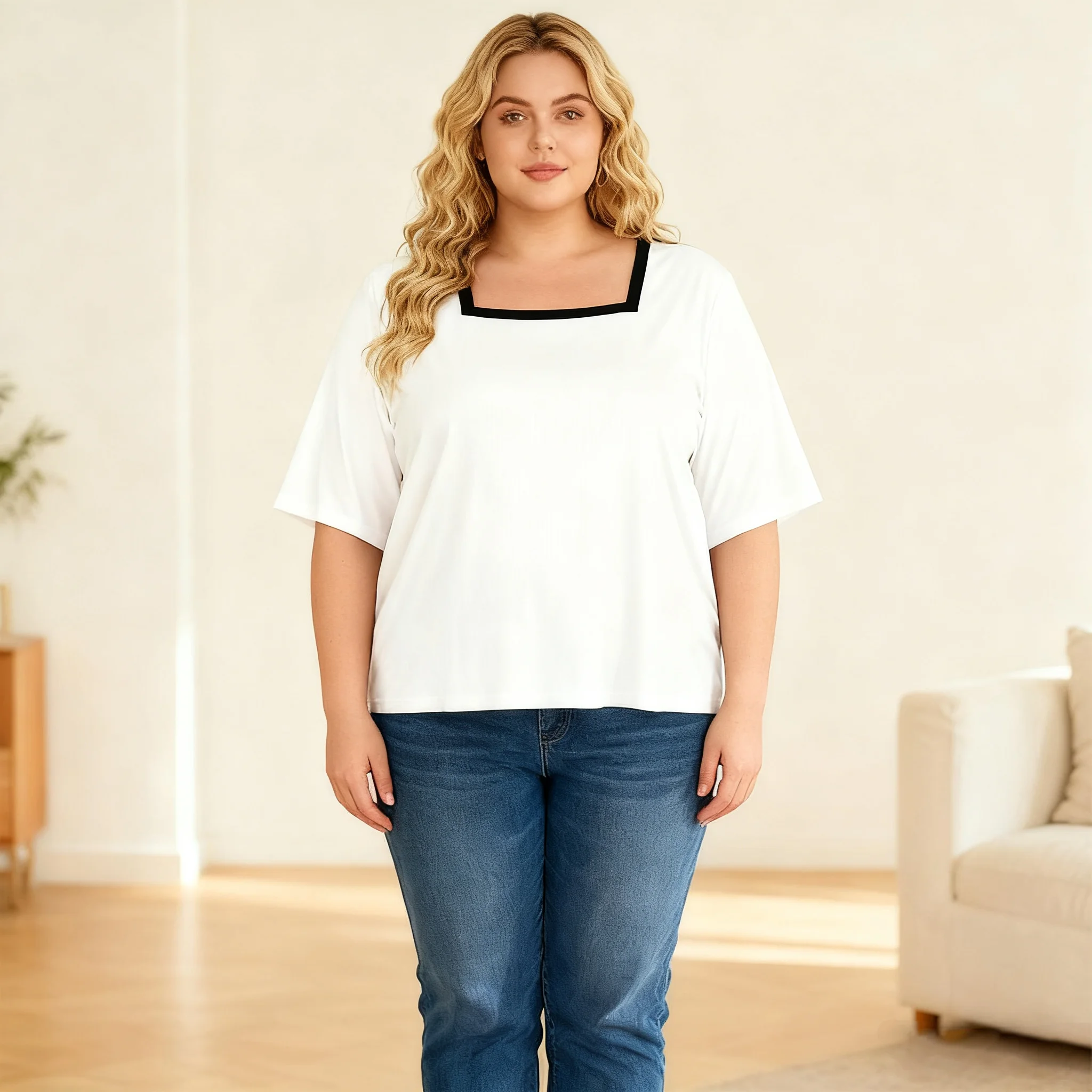 [Taille plus] t-shirt uni à col carré pour femmes surdimensionnées, manches 3/4, t-shirt fin décontracté et à la mode, hauts design