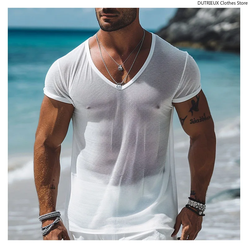 T-shirt in rete con scollo a v Sexy da uomo di taglia europea t-shirt da uomo Casual traspirante e trasparente abbigliamento da uomo manica corta