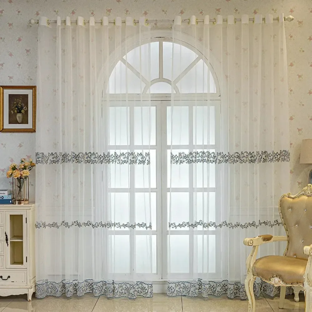 French Blue Flower Embroidered Pearls Tulle  Curtain For Living Room Bedroom White Transparent Voile Sheer Drapes For Door Kitch