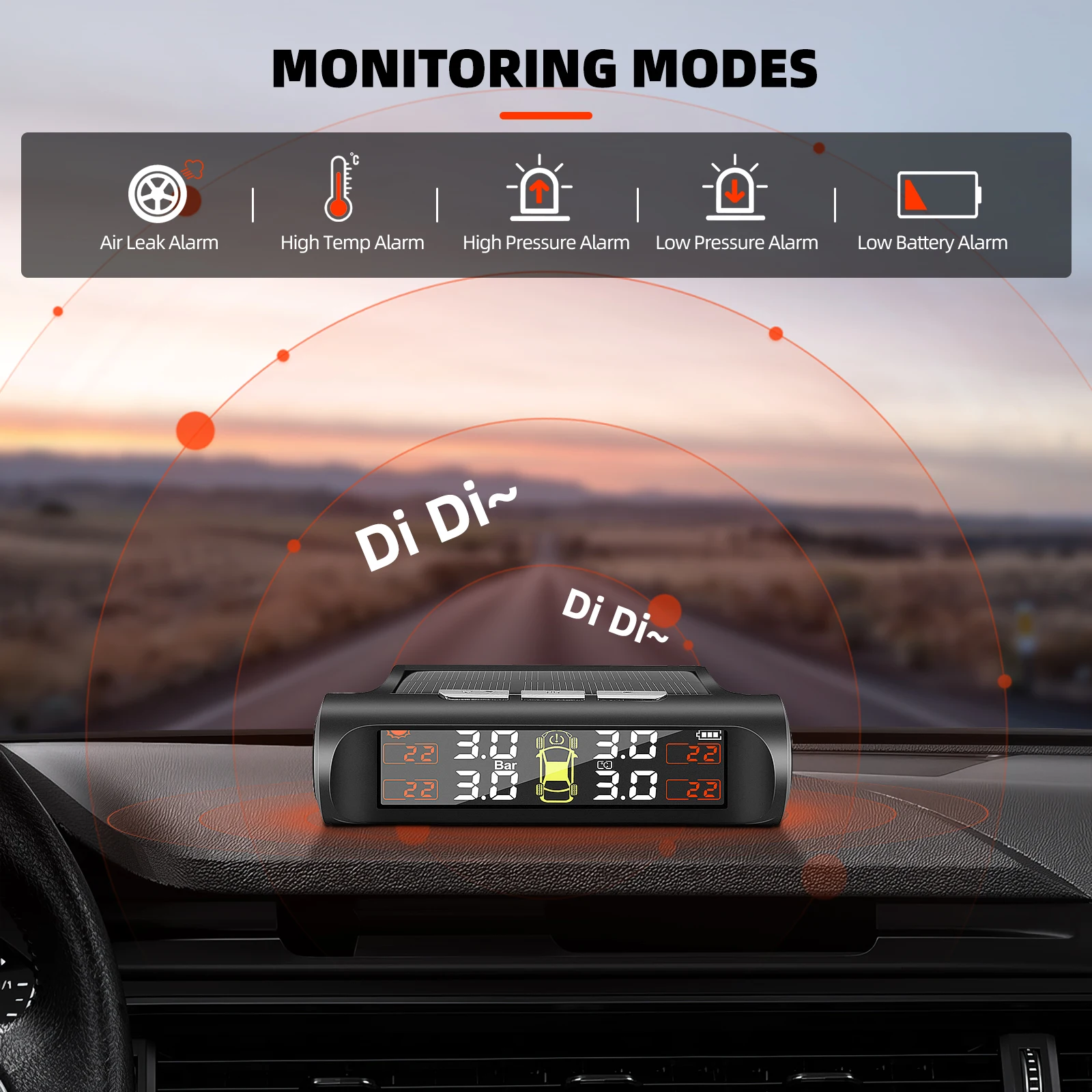 نظام مراقبة ضغط الإطارات اللاسلكي بالطاقة الشمسية TPMS LCD إنذار ضغط إطارات السيارة تحذير درجة الحرارة مع 4 أجهزة استشعار