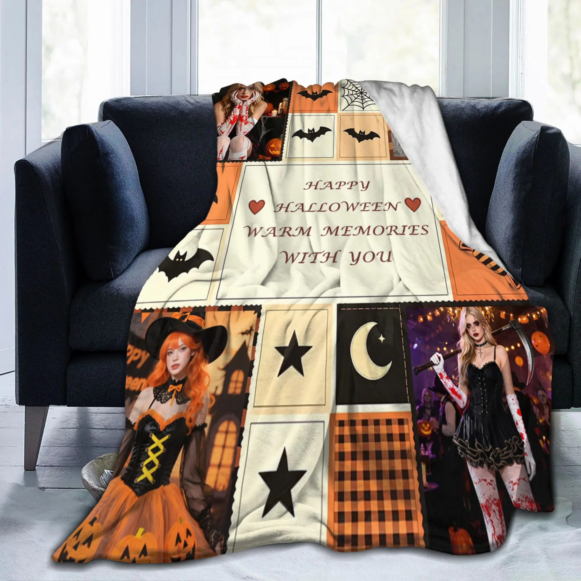 Custom Halloween Cute Ghost Personalized Blanket Family Photo Pumpkin Flannel Throw For Sofa Couch Bed Bedroom Living Room