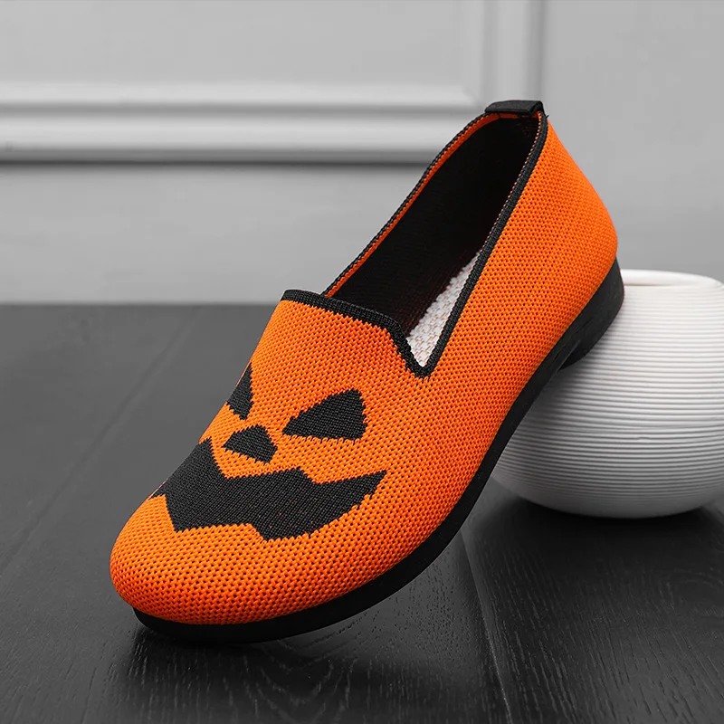 Women Knitted Casual Shoes Halloween Pumpkin Slip on Flat Shoe Breathable Round Toe Sneakers Lightweight Soft Sole Women Loafers