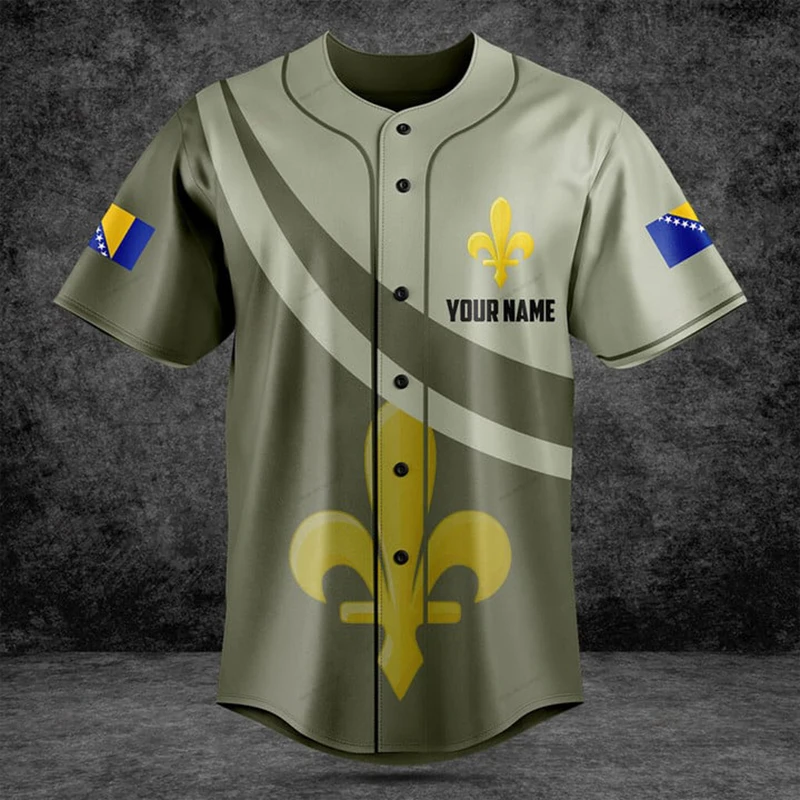 Custom Name Bosnia Flag Lily Graphic Olive Shirt Summer Casual Men's Fashion Streetwear Baseball Team Jersey Short Sleeve Tops