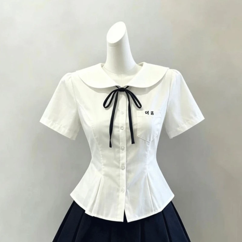Peter Pan Collar Simple Office Lady Set Shirt Preppy Style Minority Casual Slim Two Pieces Short Pleated Suit Skirt