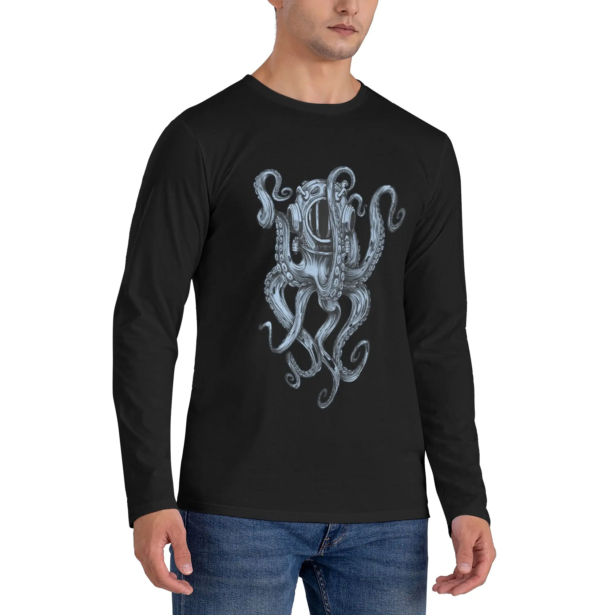 

Octopus Scuba Diver Helmet Men's Long Sleeved T-shirt Casual Round Neck T shirts Spring and Autumn Men tops