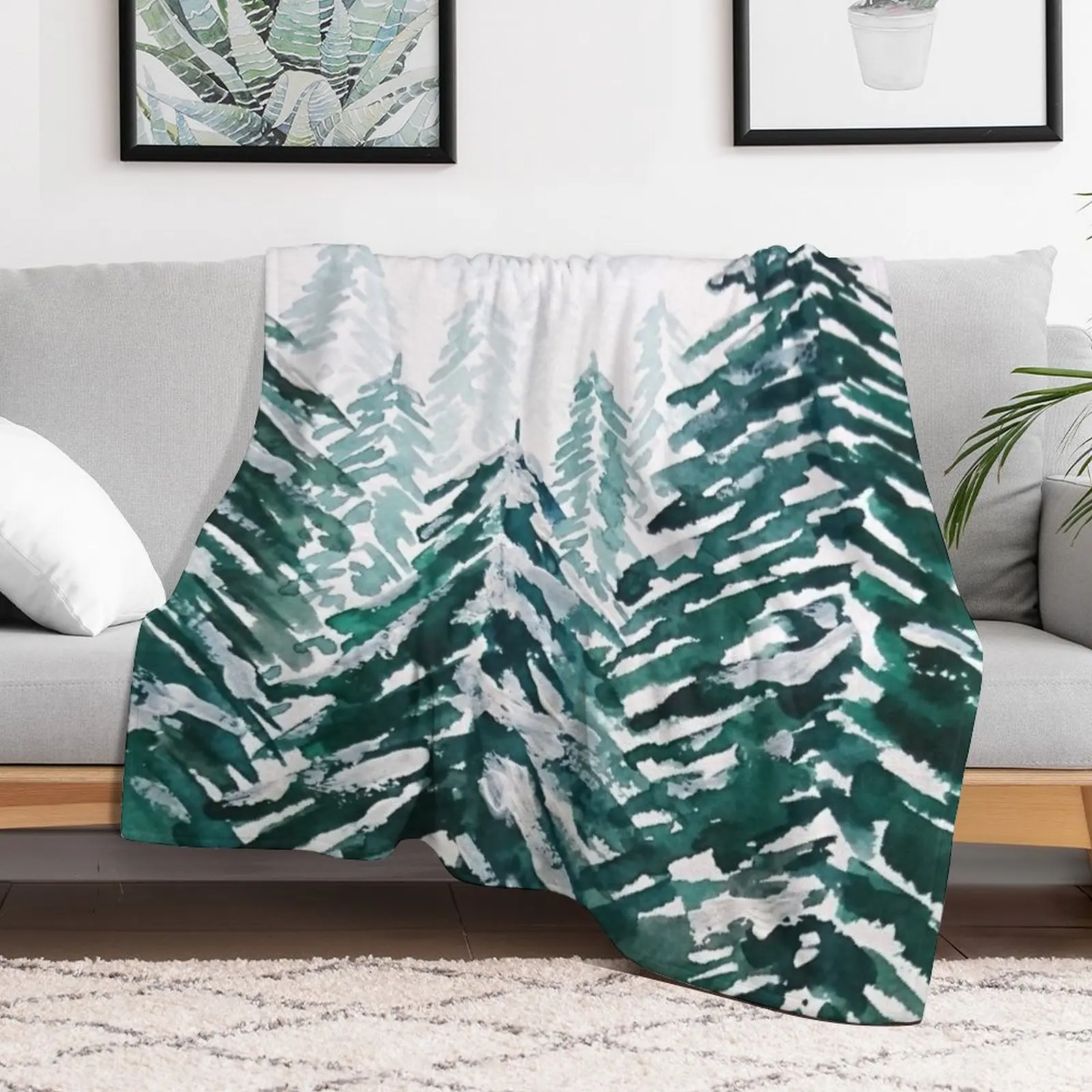 hand painted snowy pine forest green Throw Blanket Men's Soft Warm Throw Blanket for Couch