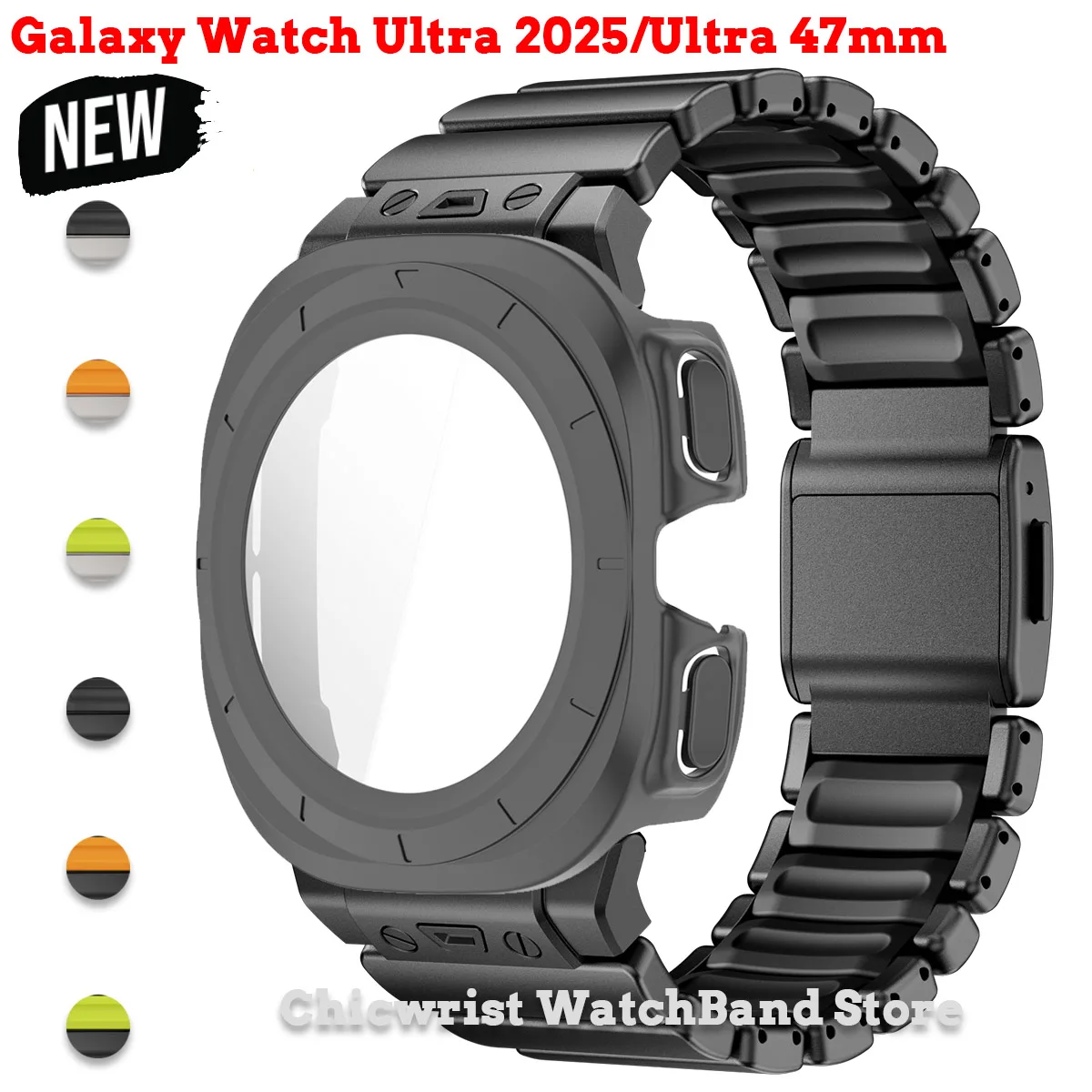 

Ремешок + чехол для Samsung Galaxy Watch Ultra 2025/7, ультра-резиновый ремешок из нержавеющей стали, защитная пленка из закаленного стекла, жесткий чехол для ПК