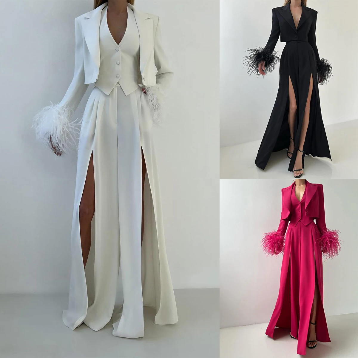 Sexy Women Suits 3 Pcs Short Blazer Feather Cuff High Slit Trousers And Vest Customized Wedding Guest Evening Party Prom Outfit