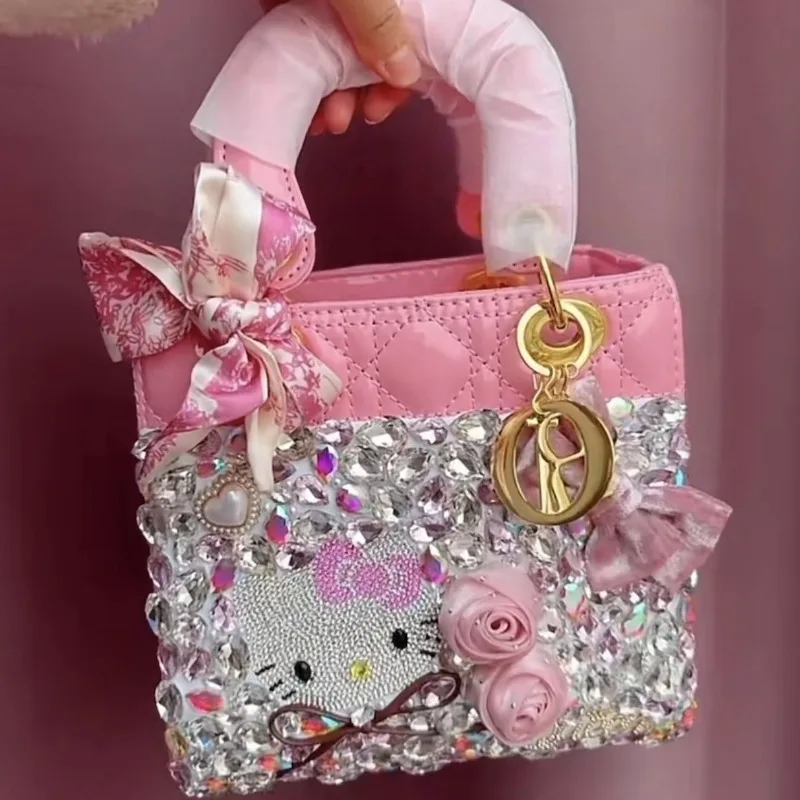 

Kawaii Hello Kitty Handmade Diamond Inlaid Bag Anime Cute Girl Fashion Handbag Versatile Crossbody Bag Valentines Day Gift New