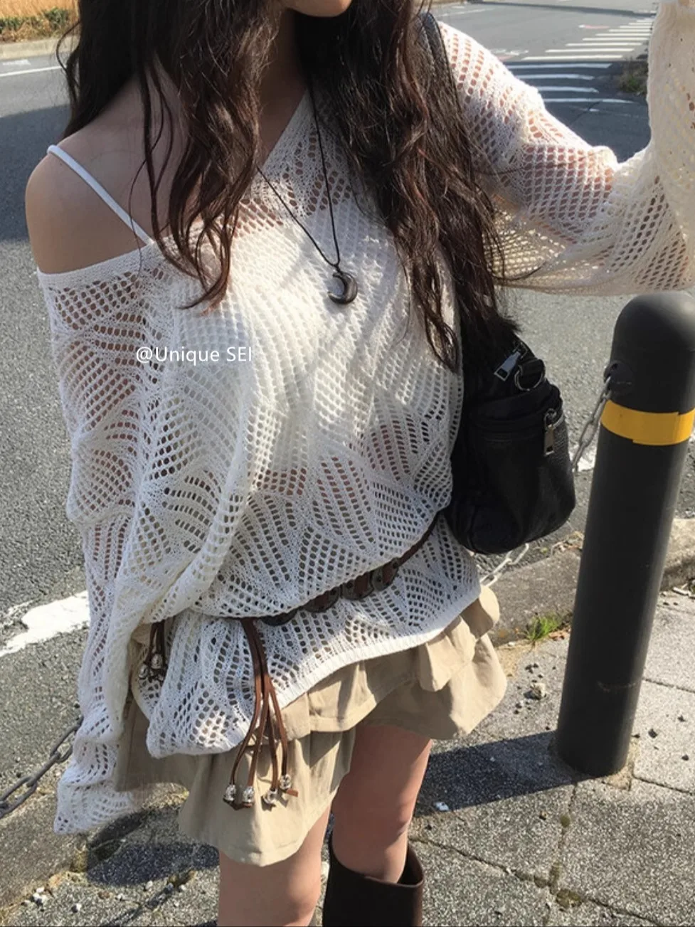 

Korean Hollow Out Loose Casual Versatile Knitted Pullover + Lotus Leaf Edge All Match Skirt Autumn 2 Pcs Sets Women Y2k Suits