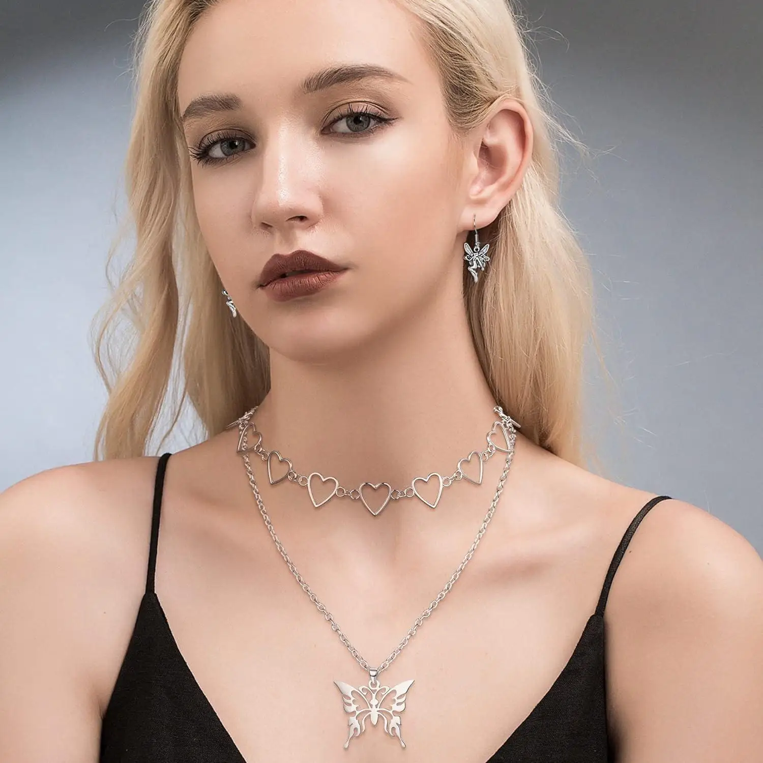33Pcs Grunge Vintage Punk Necklace Jewelry Set Gothic Earrings Fairy Butterfly Boho Crystal Y2k Cross Pendent Butterfly Heart Choker Goth Stackable Knuckle Rings Adjustable Y2k Accessories for Women Men view 3