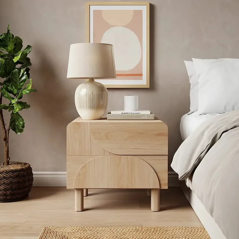 for Nordic Bedroom Furniture Modern Minimalist Light Oak Semicircular Wood Handle Solid Wood Leg Double Drawer Bedside Table