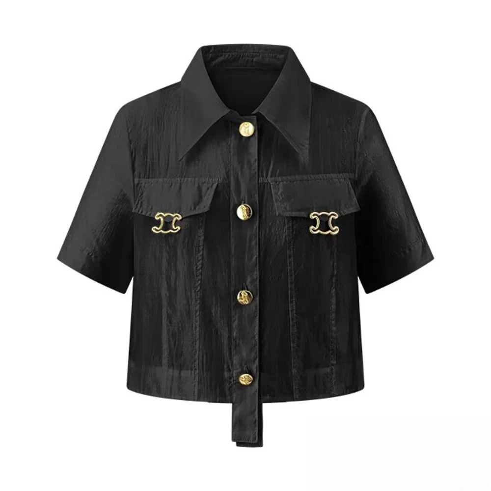 

KONDALA-женская современная черная рубашка в стиле ретро, короткая рубашка с золотыми пуговицами и лацканами, новинка 2025, лето-осень, тонкая женская рубашка для пригородных поездок на праздничную вечеринку