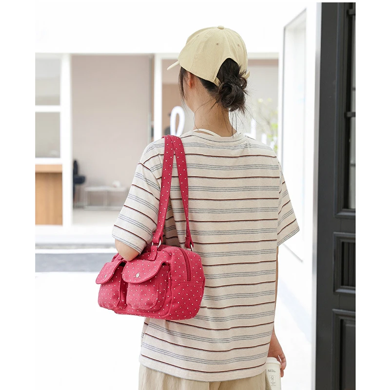Mehrfach-Taschen-Schultertasche mit Polka Dots, Damen-Canvas-Tragetasche, Koreanische Lässige Süße Niedliche Pendler-Einkaufs-Reisetasche – Detail 23
